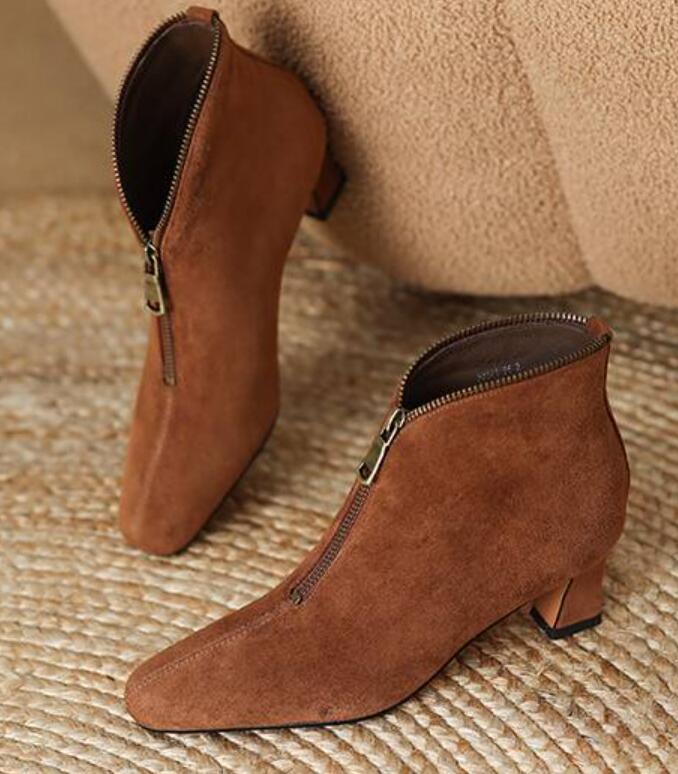 New Women's Pointy Toe Suede Leather zipper Low Block Heels Ankle Boots  Shoes