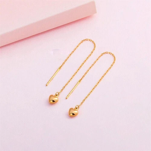 999 Pure Real 24K Yellow Gold For Women Loving Heart Earrings Drop 2.8inchL - Picture 4 of 6
