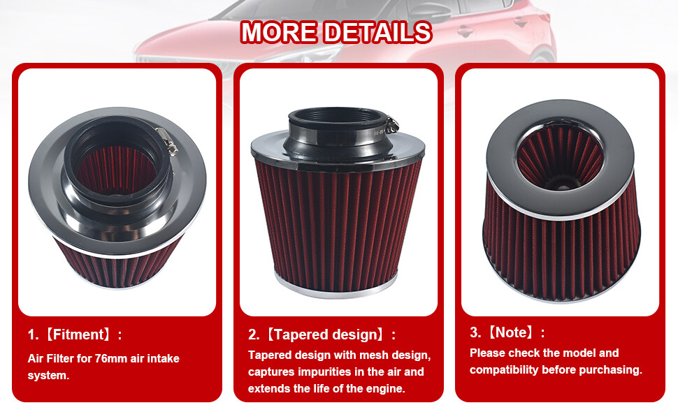 Universal 3" Inlet Cold Air Intake Cone Filter – Dry, Cotton/Gauze, Replacement For Car (76mm)