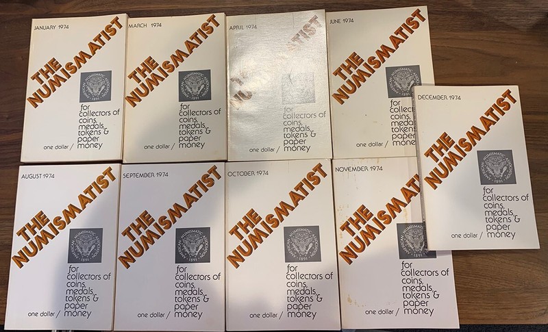 Vintage 1974 lot of The Numismatist : 9 issues : Jan, March, April, Jun, Aug-Dec