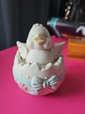 Bisque Porcelain Chick Hatching Easter Egg Trinket Box Figurine Vintage