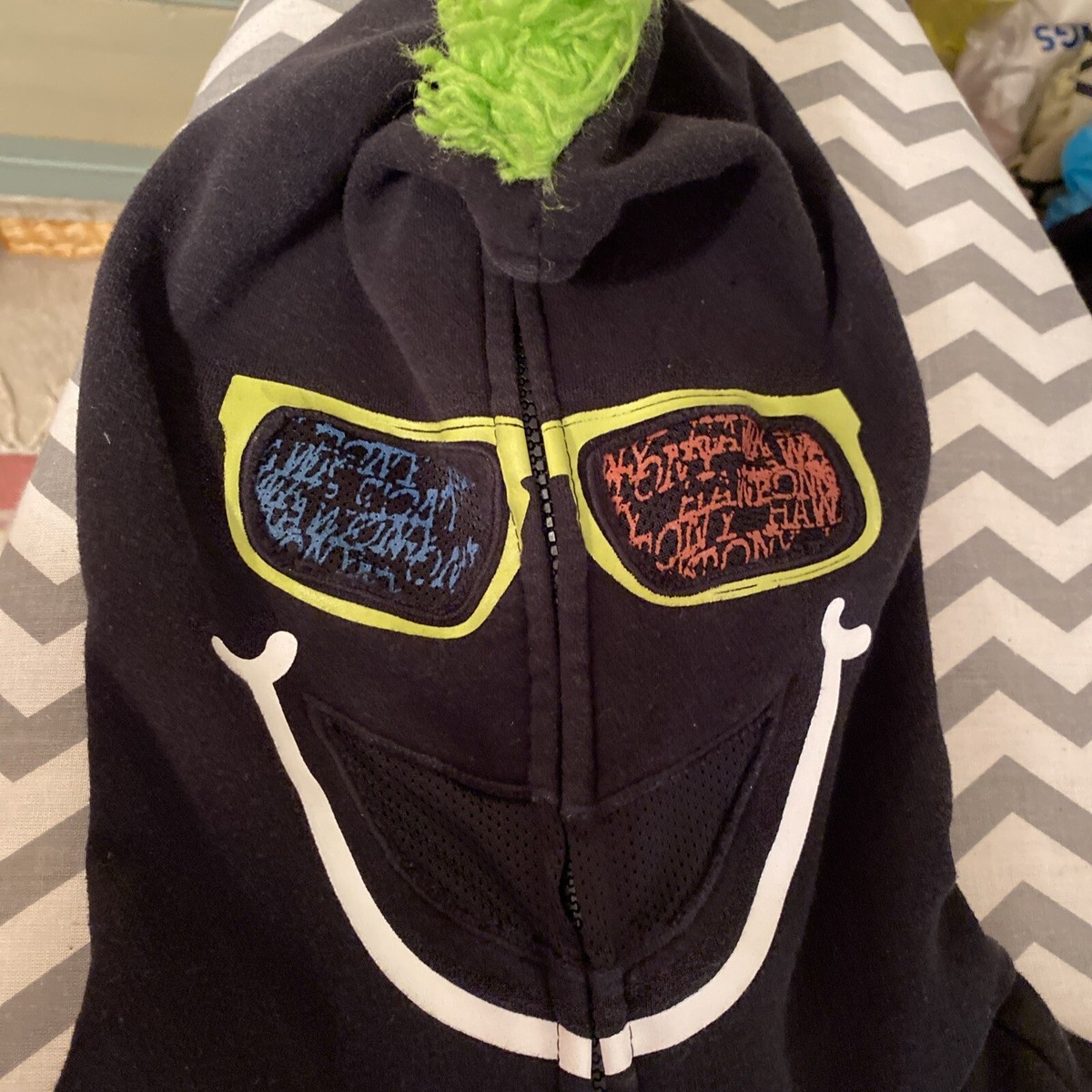 Tony Hawk Black Full Zip Hoodie Face Mask Green Mohawk Youth XL