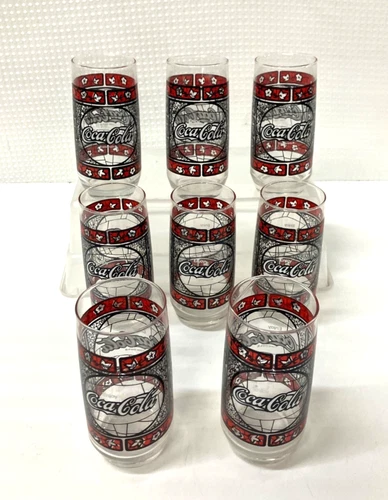 Lot of 8 Vintage Tiffany Style Red Floral Pattern Coca Cola Glasses