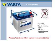 Battery fits KIA RIO DC, Mk2, Mk3 00 to 17 Varta 005L 540A 60Ah 4Yr Warranty New
