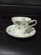 Tea cup & Saucer ~ AYNSLEY Corset Shaped ~ Green Clovers, Gold Trim ~ ENGLAND