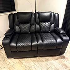 Black Leather 2 Seater Recliner Sofa Cup Holders Blue LED Quilted 185cm