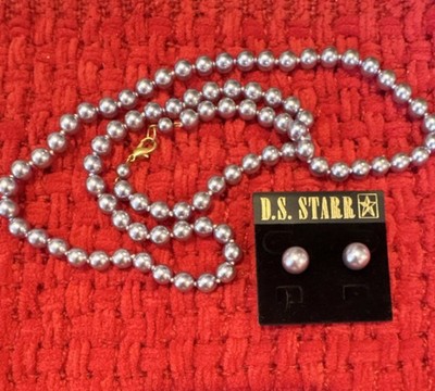 D.S. Starr Gray Faux  Pearl Necklace & Round Pearl Earrings Jewelry Set