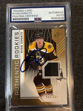 PSA Signed On Card Ryan Donato 2018-19 SP Game Used Rookie Relic Card /499 #110. rookie card picture