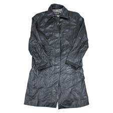 Vintage Woodland Black Leather Trench Coat Jacket Outdoor Y2K Womens UK14