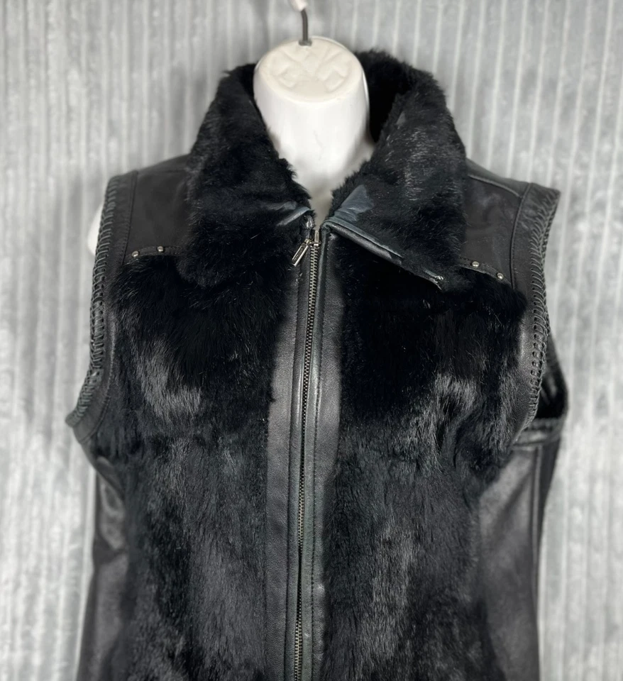 Cripple Creek Leather Fur Studded Vest Women's XL Full Zip Moto Western Cowgirl - Image 3 of 4