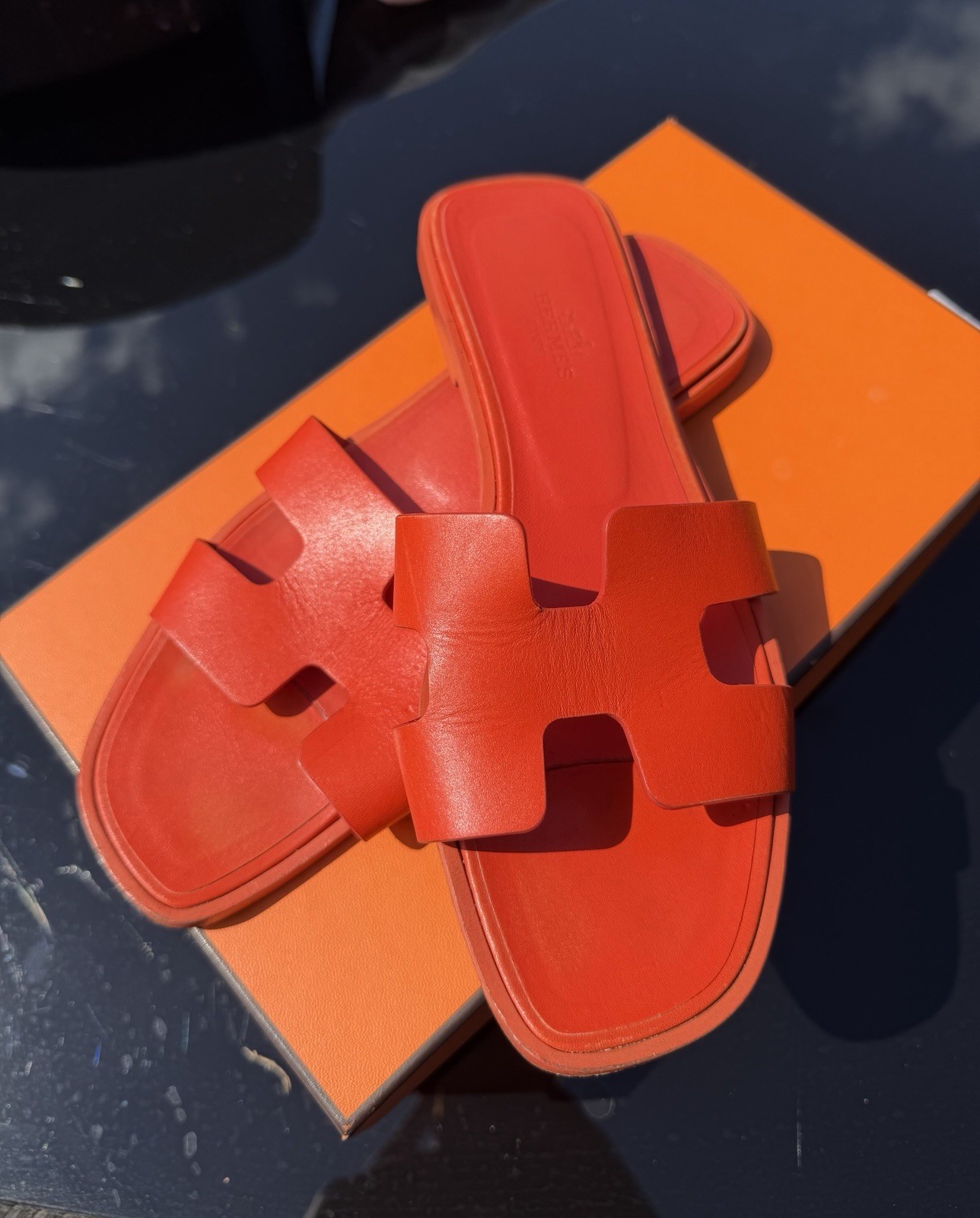 Hermes Oran Women's Sandals EU37/UK4 Orange Leather Flat Shoes with Box Authen