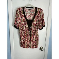 Y2K I.N. Studio Blouse Large Petite Pink Brown Geometric 90s Gilmore Girls Retro