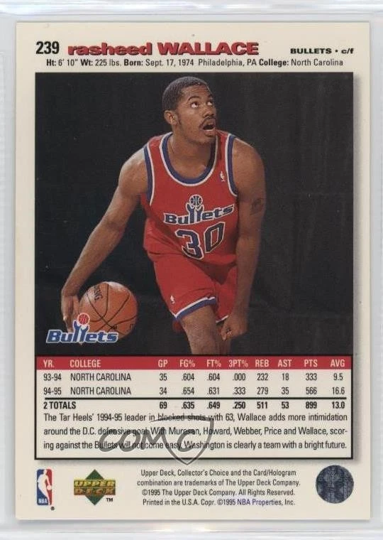 1995-96 Collector's Choice Platinum Player's Club Rasheed Wallace #239 Rookie RC - Image 2 of 2