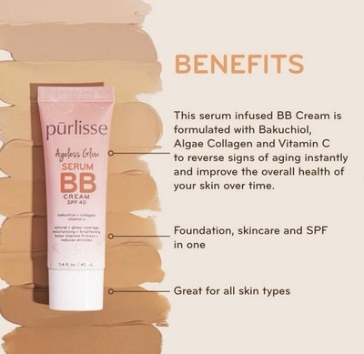 Purlisse Ageless Glow Serum BB Cream with SPF 40, Medium Warm 1.4 oz-sealed