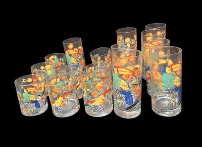 16pc 70s CERVE Italian Tropical Toucan Birds Highball & Lowball Tumblers Glasses