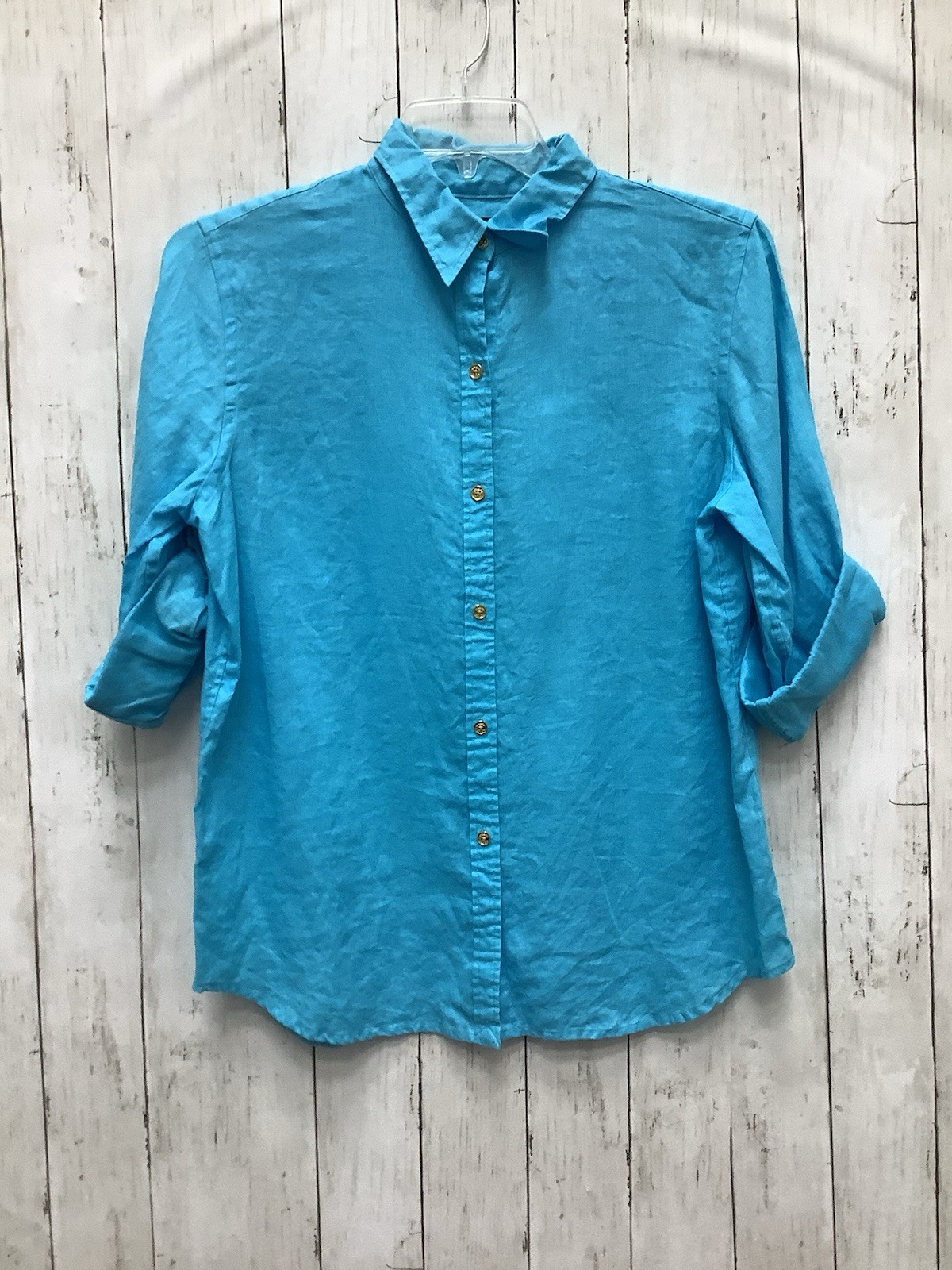 Chaps Women's Large Turquoise 100% Linen Button-Up Classic Fit Shirt