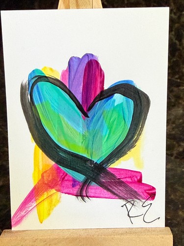 ACEO/ATC Original Acrylic Mini Heart Painting "Happy Heart" Signed 3.5x2.5