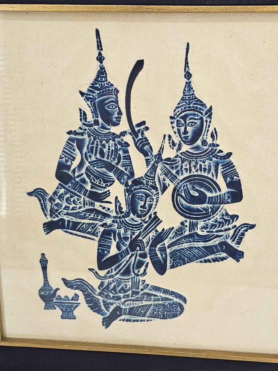 Vintage Thai Temple Charcoal Rubbing Blue 3 Musicians Art Mid