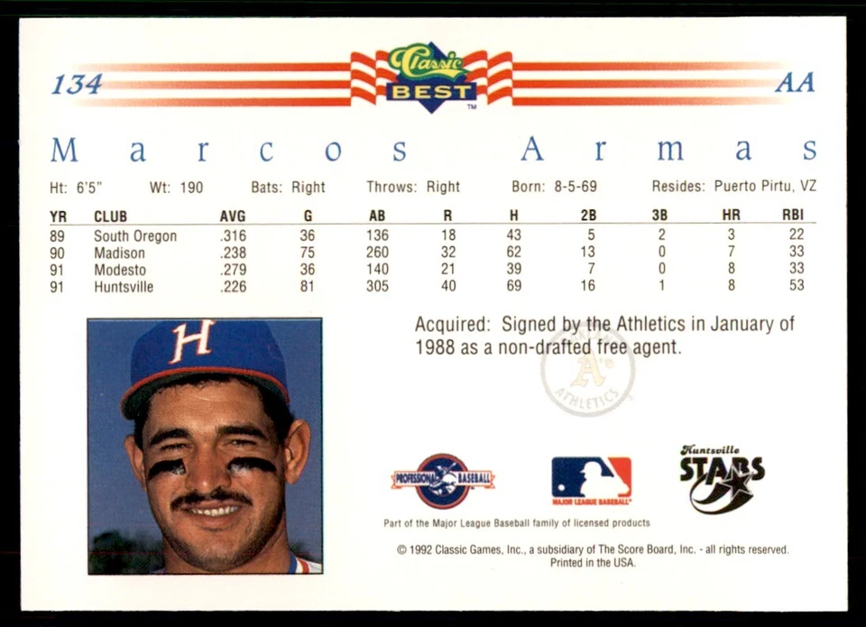 1992 Classic Best Marcos Armas Baseball Cards #134 - Image 2 of 2