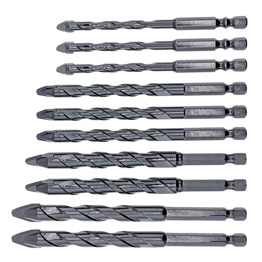10pcs Heavy-duty Masonry Eccentric Twist 6, 8, 10 & 12mm Drill Bit Set 1/4" Hex