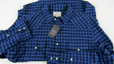 New Lucky Brand Saturday Stretch Men M Pearl Snap Blue Gingham Shirt Lightwt $70