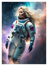 GORGEOUS LADY ASTRONAUT FLOATING THROUGH SPACE NEBULA 5X7 WALL ART AI PHOTO