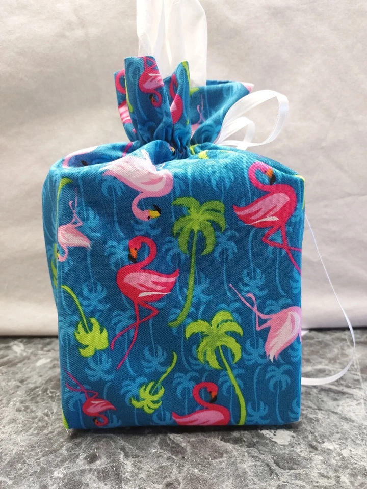 Flamingos Dark & Light Pink, blue Cotton Fabric Handmade square Tissue Box Cover - Image 2 of 2