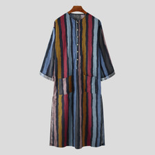 Men's Striped Thobe Jubba Arab Muslim Traditonal Eid Clothes