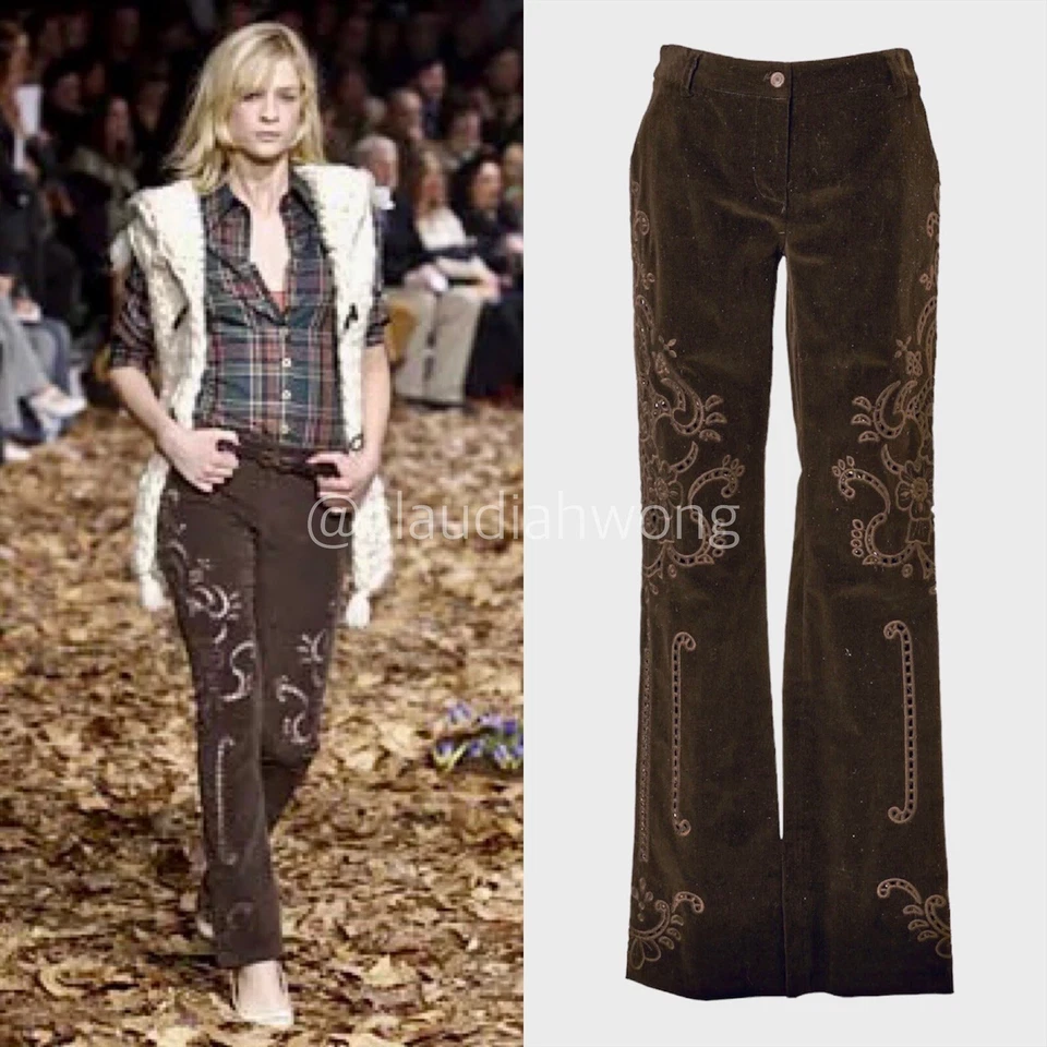 Винтажные вышитые кружевные коричневые вельветовые брюки DOLCE & GABBANA D&G F/W 2002 IT 40
