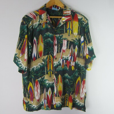 Crystal Sands Mens Large Teal Blue Yellow Surf Boards Rayon SS  Hawaiian Shirt L