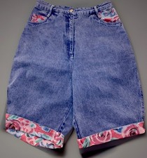 Vintage 80s Kyoto Casuals Jean Shorts Juniors Size 11 Light Wash Floral Trim
