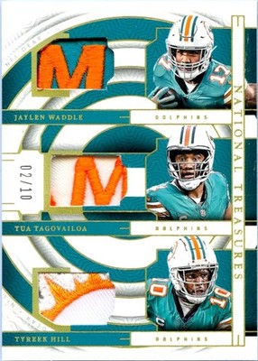 WADDLE TAGOVAILOA HILL 2023 NATIONAL TREASURES GOLD TRIPLE ROOKIE PATCH SP 2/10