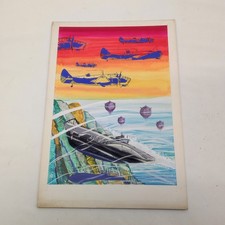 Disegno a tempera aviazione e marina probabile bozzetto per copertina libro