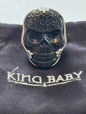 King Baby Studio Large Carved Jet Chosen Skull Ring Fine Silver .925 Size 12