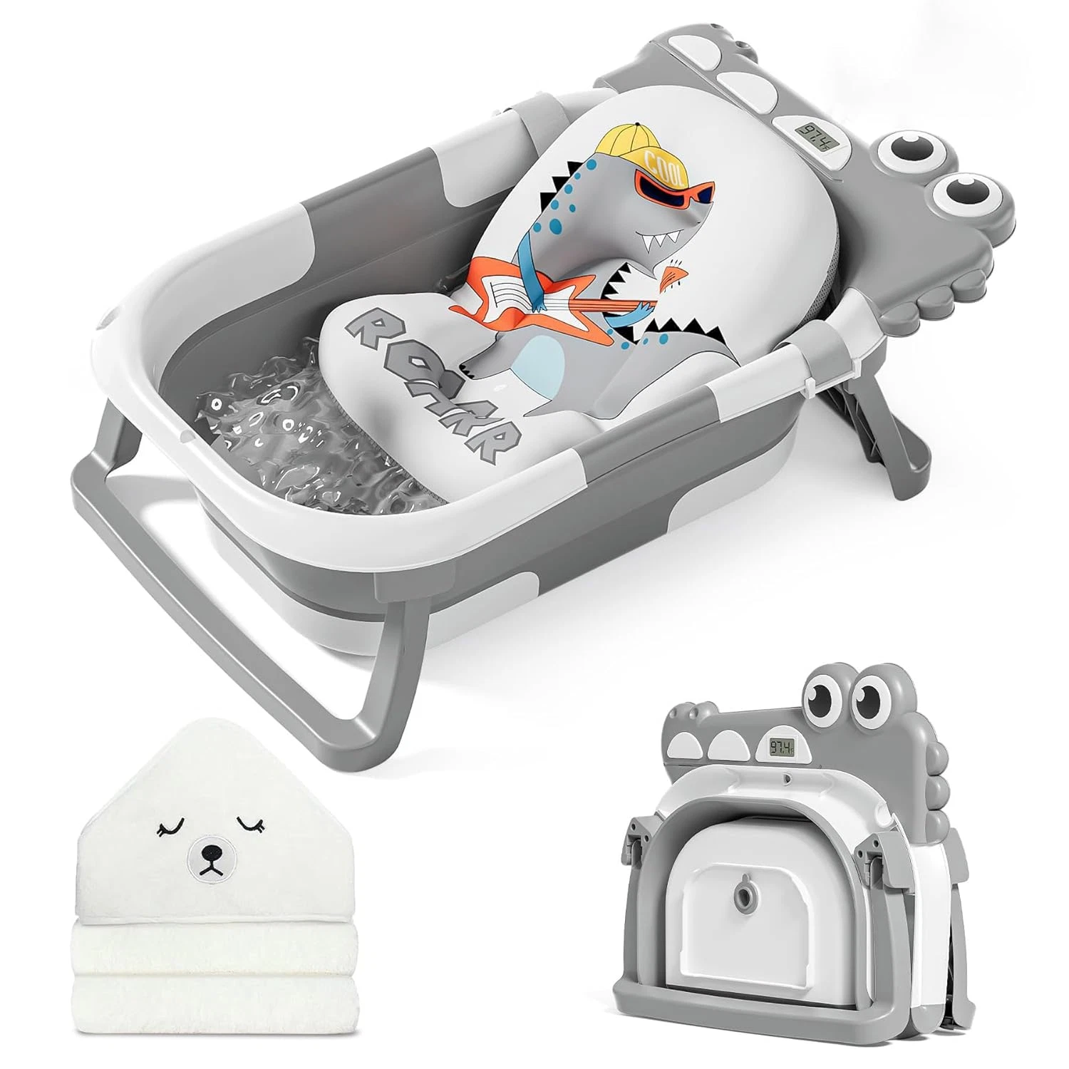 Collapsible Baby Bathtub for Newborn with Thermometer & 1 Hooded Towel & Cushion