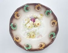 Vintage Floral Serving Bowl 24cm/~9" Octagonal Brown Rim Transferware Roses Dish