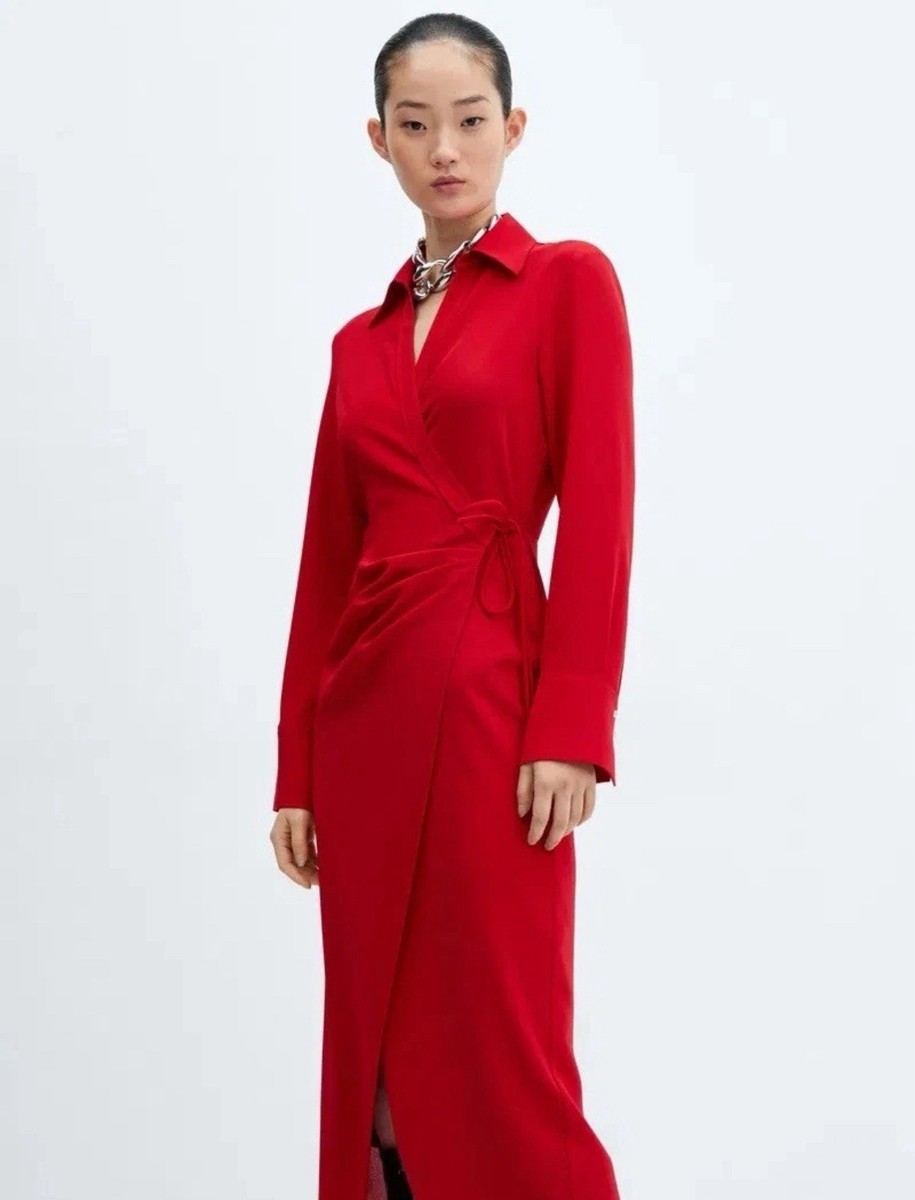 mango red wrap dress MANGO Bilma Wrap Front Long Sleeve Midi Dress Shirtdress 6, Red