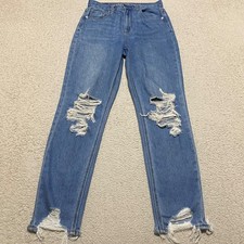 American Eagle Mom Jeans Womens sz 00 Blue Denim Medium Wash Distressed Raw Hem