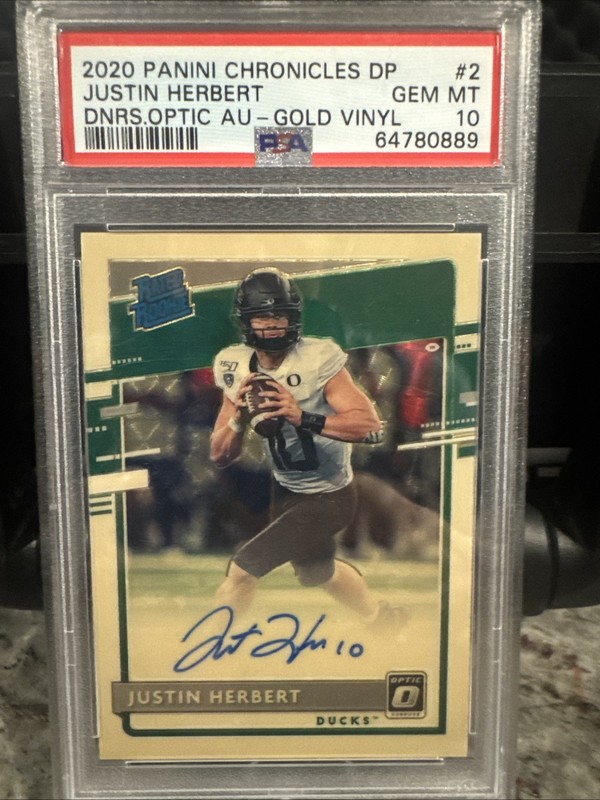 2020 Panini Chronicles DP Justin Herbert Donruss Optic AU Gold Vinyl  2/7 PSA 10