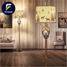 Rustic Farmhouse Antlers Floor Lamp with Nightlight Brown Finish round Shade 