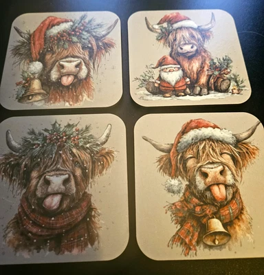 Set of 4 Funny Christmas Highland Cow Coasters, cute, Scotland, Farm animals,