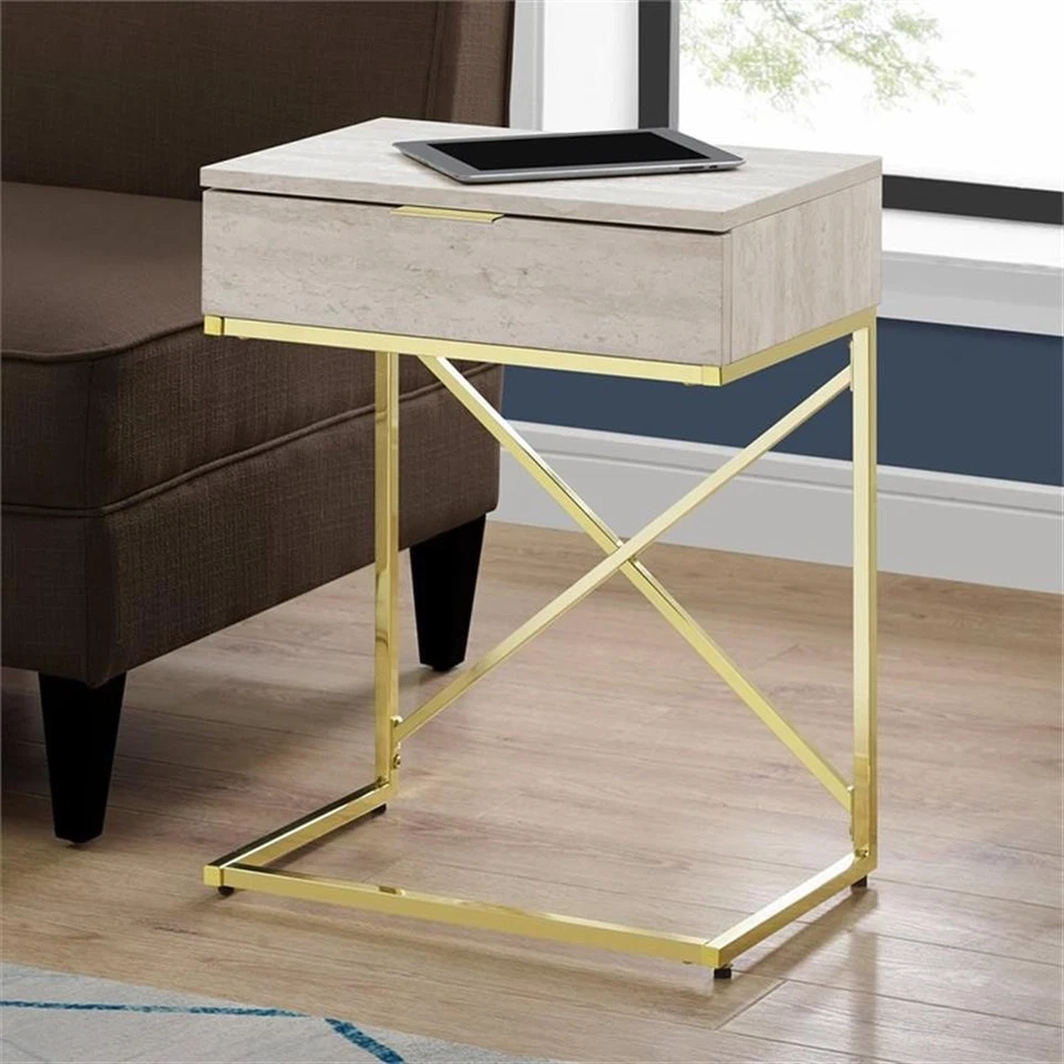 Accent Table Side End Nightstand Lamp Bedroom Metal Beige Marble Look - Image 2 of 4