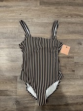 Women's Striped Ribbed Full Coverage One Piece Swimsuit - Shade  Shore L 12-14
