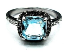 Vibrant Blue Cushion Cut CZ Halo Ring Silver Tone Band US Seller