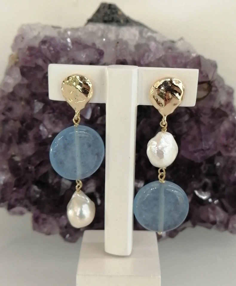 Orecchini Pendenti Donna Argento 925/bron pietre naturali, Perla agata celest  - Immagine 2 di 4