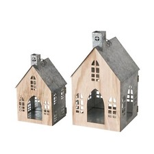 Windlicht Häuschen Holz Zink Metall Laterne Landhaus 2er Set