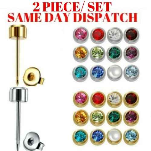 2 PCS Gem Earrings Ear Studs Stud Piercings Surgical Steel Pair Silver Rose Gold