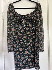 Nastygal Ditsy Mesh Tea Dress Sz 8 Black Floral Long Sheer Sleeves - Night Out