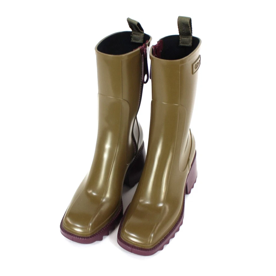 Chloe Betty Two Tone Santel Green Burgundy Rain Boots 36 Rubber Block Heel Shoes - Image 2 of 4
