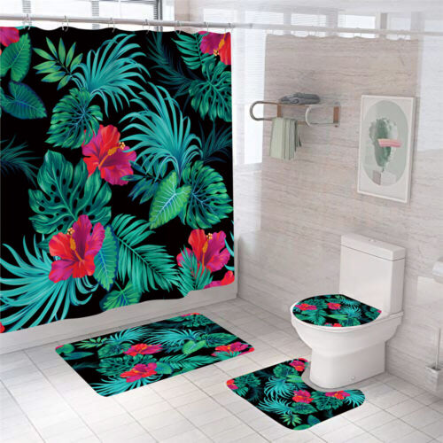 Floral Shower Curtain Set Thick Bathroom Rugs Bath Mat Non-Slip Toilet Lid Cover - Picture 1 of 11